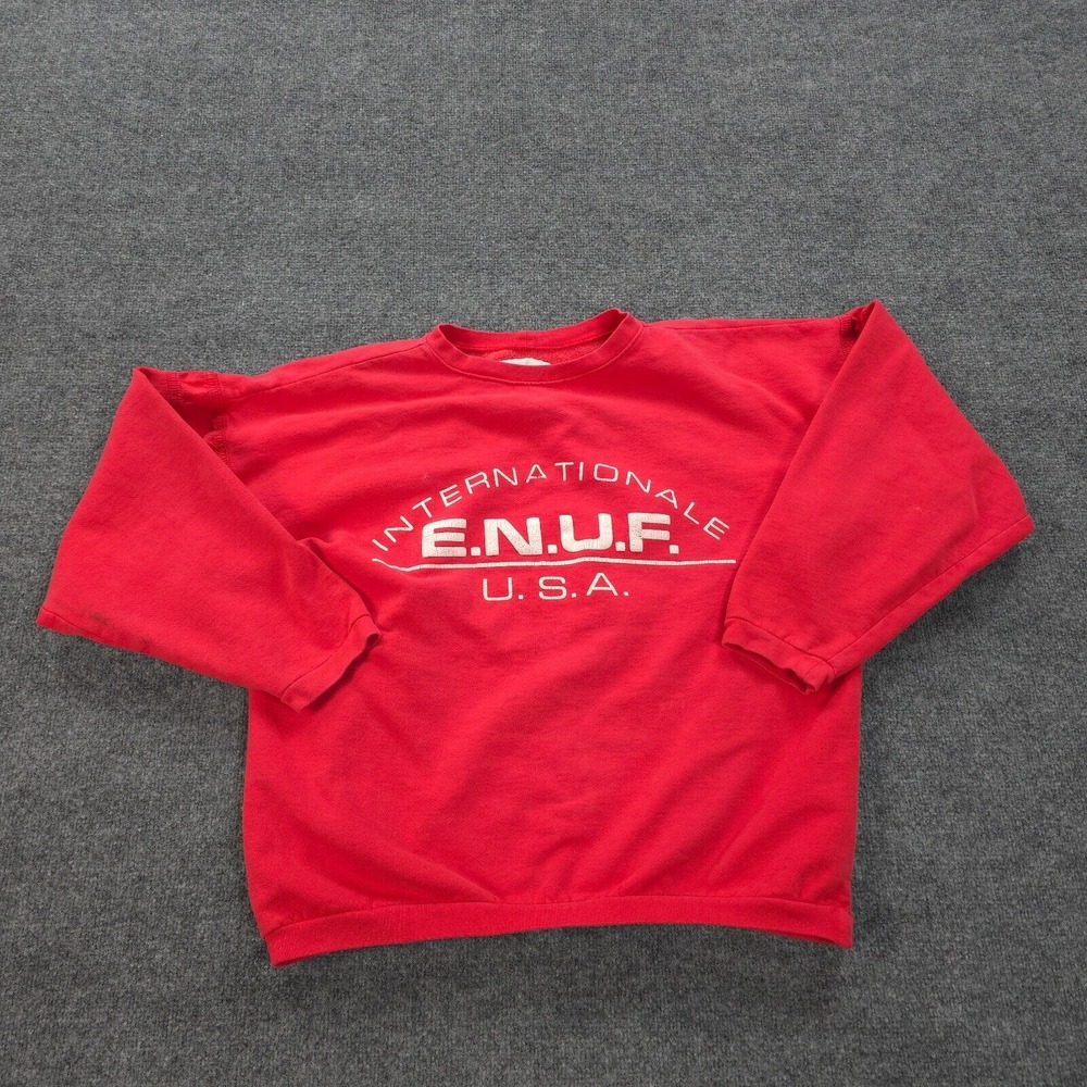 VINTAGE Enuf Sweatshirt Mens Medium Red Spellout Graphic Crew‎ Pullover 90s USA